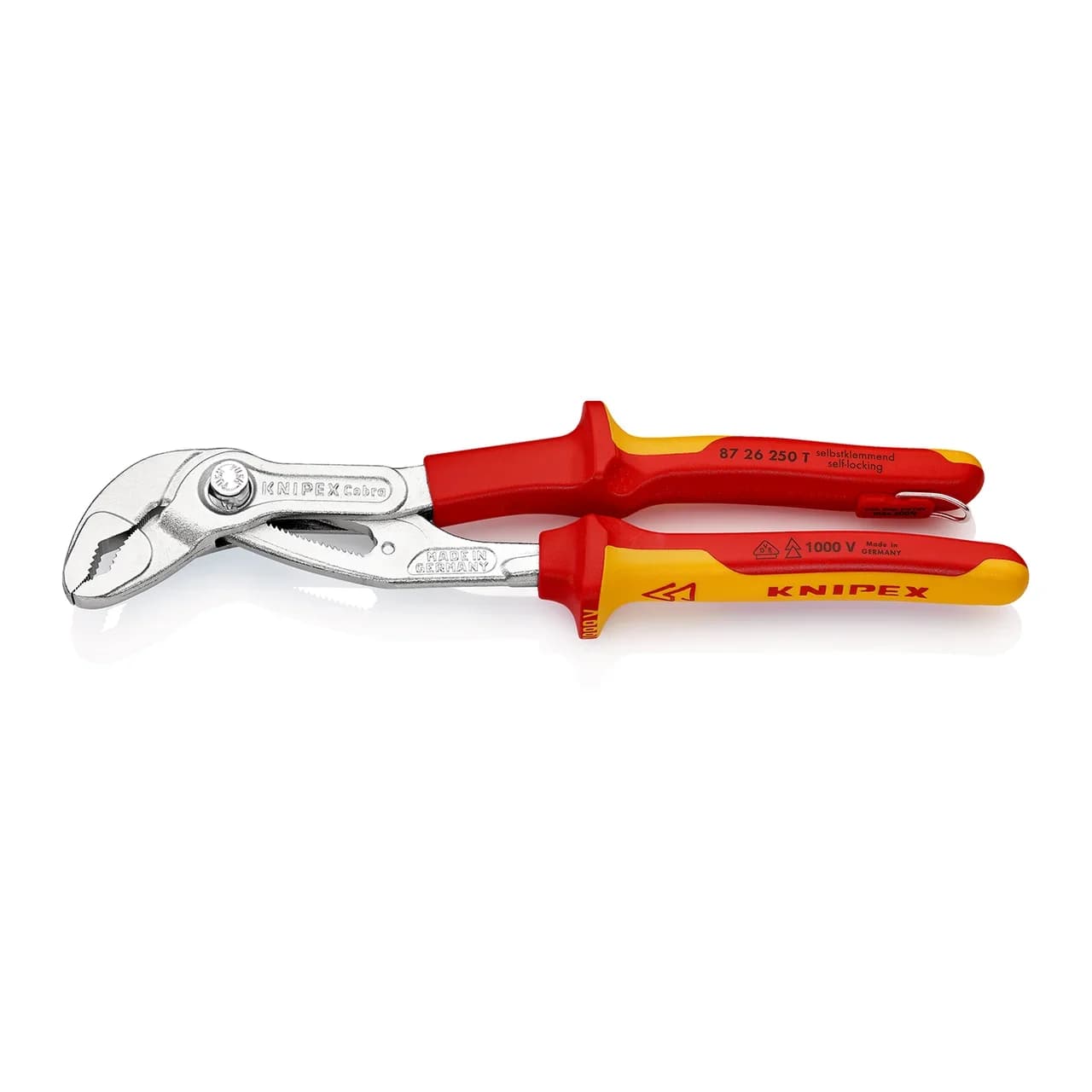 ### PRODUCT NAME:  
KNIPEX COBRA VDE 1000V HookedJaw Pliers   
### SHORT DESCRIPTION:  
The KNIPEX COBRA VDE 1000V HookedJaw Pliers  are precisionengineered, insulated pliers designed for professional electrical and industrial applications