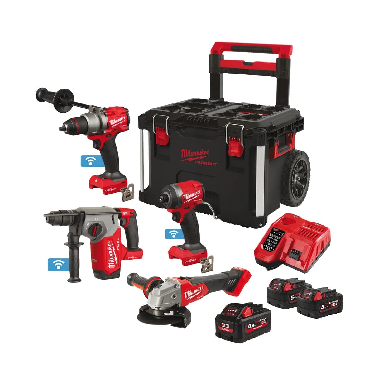 Milwaukee M18 FUEL Packout Combo Kit (5 Tools, 3 Batteries, Charger, Packout Trolley)