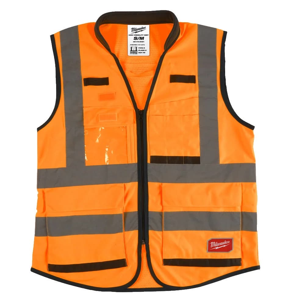 Milwaukee Premium Hi-Vis Orange Safety Vest with 15 Pockets, Size S/M