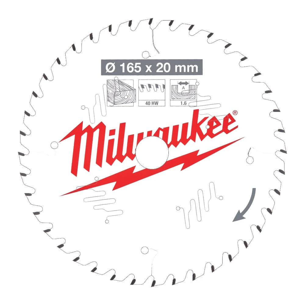 Milwaukee 165mm x 20mm 40-Tooth ATB Wood Cutting Saw Blade with PTFE Coating