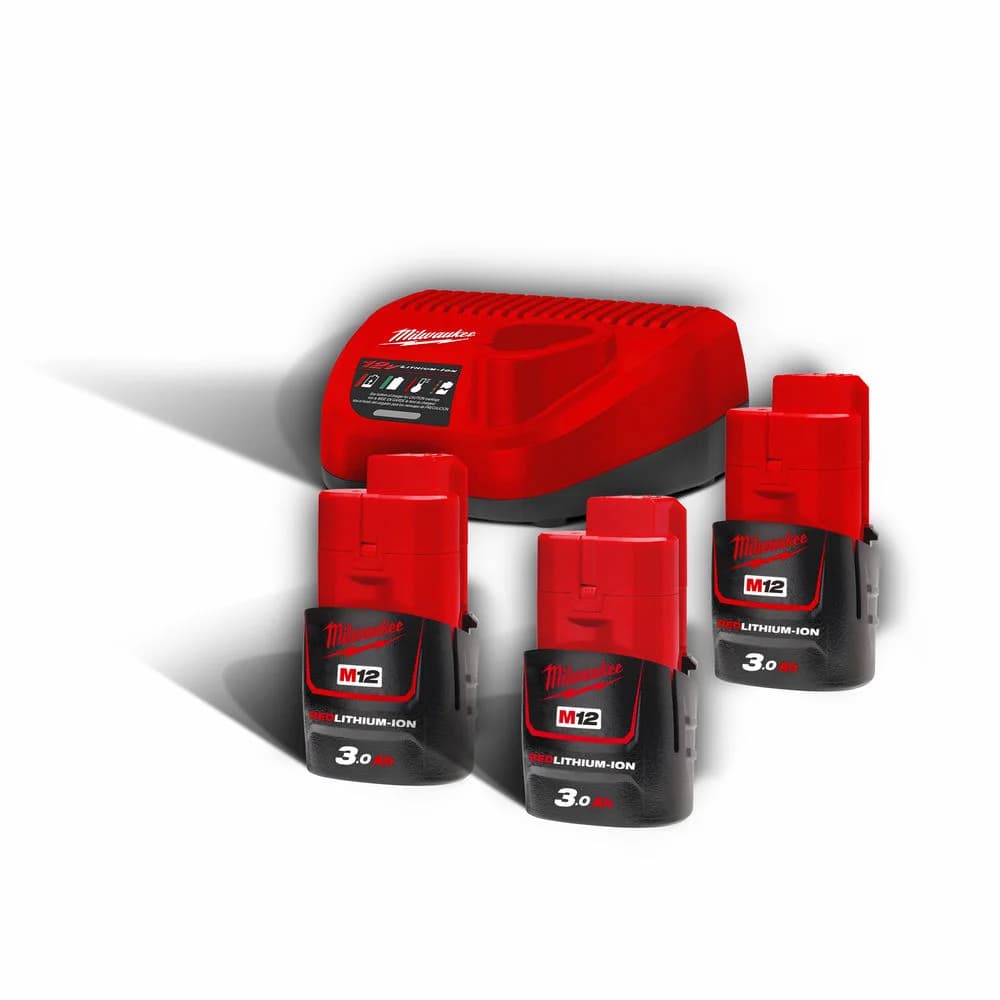 Milwaukee M12 3.0 Ah Li-Ion Battery and Charger Set (3 Batteries + C12 C Charger)