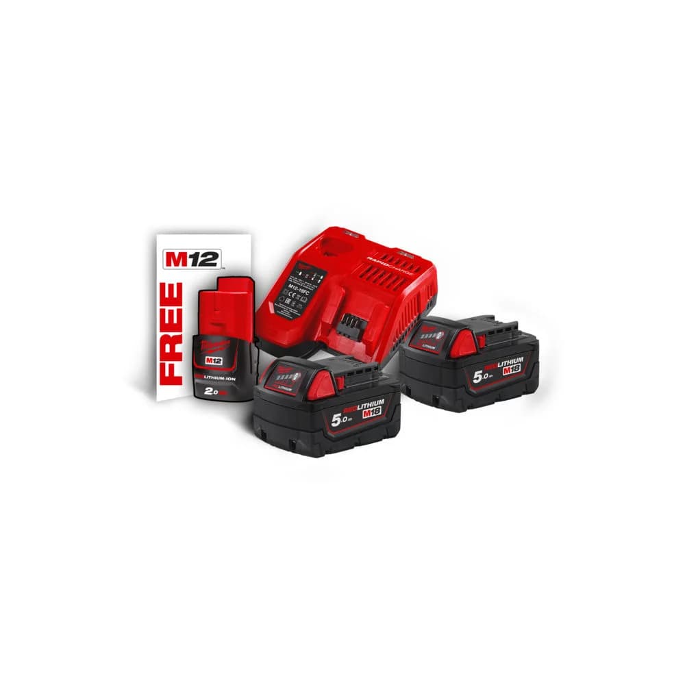 Milwaukee M18 NRG-502 18V 5.0Ah Li-Ion Battery and Charger Kit with Free M12 2.0Ah Battery