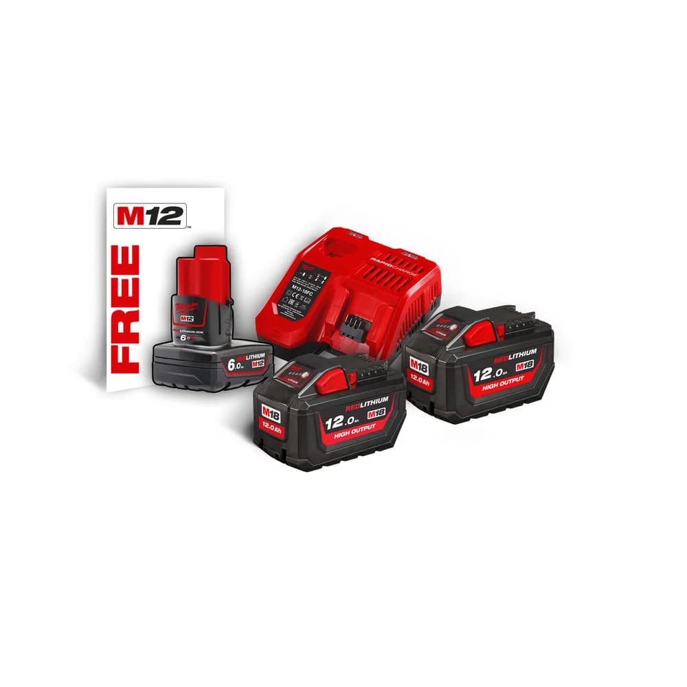 MILWAUKEE M18 High Output 12.0 Ah Battery and Charger Kit with Bonus M12 B4 Battery