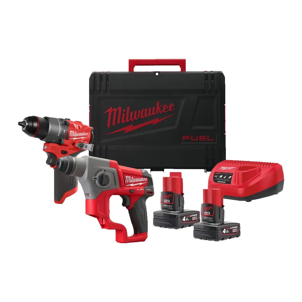 M12 FUEL™ 2-Tool Combo Kit (Impact Driver & SDS Plus Rotary Hammer) with 2× 4.0 Ah Batteries, Charger, and Case