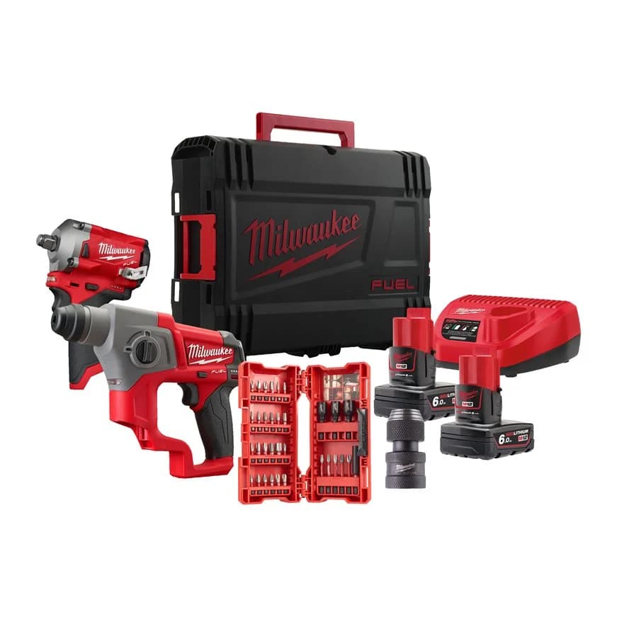 M12 FUEL™ 2-Tool Combo Kit (1/2\" Impact Wrench & SDS-Plus Rotary Hammer) with 2 Batteries, Charger, and HD Box